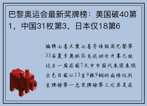 巴黎奥运会最新奖牌榜：美国破40第1，中国31枚第3，日本仅18第6