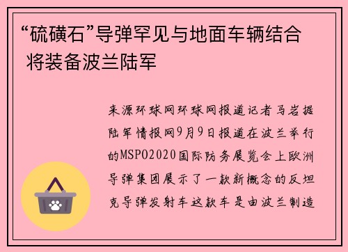 “硫磺石”导弹罕见与地面车辆结合 将装备波兰陆军