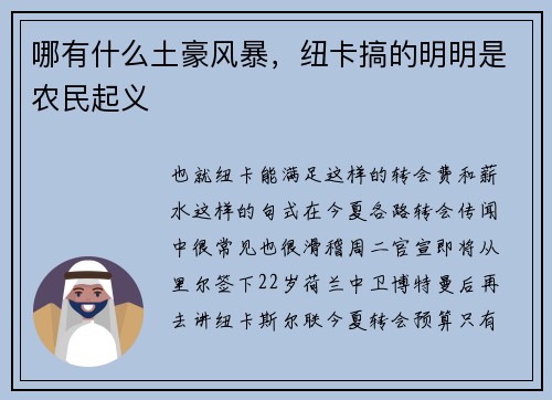 哪有什么土豪风暴，纽卡搞的明明是农民起义
