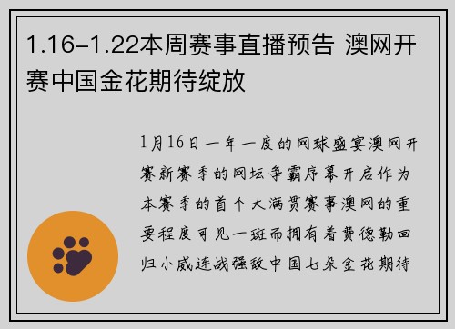 1.16-1.22本周赛事直播预告 澳网开赛中国金花期待绽放