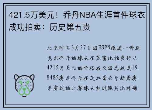 421.5万美元！乔丹NBA生涯首件球衣成功拍卖：历史第五贵